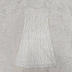 Vintage Handmade Women's White Slip Beaded Crochet Dress Party Prom Size S